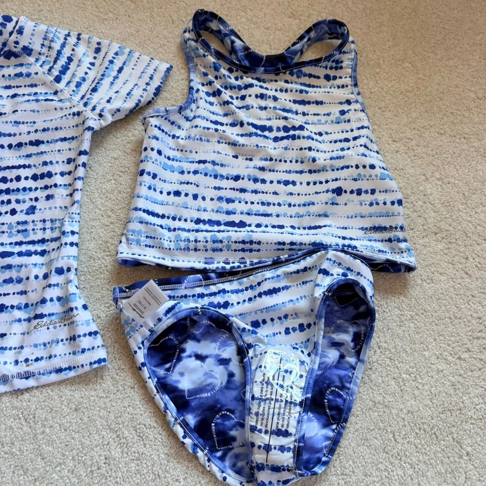 Eddie Bauer Swim Set 4-Piece Mix & Match Girls Size S 7/8 Blue Tie Dye NWOT
